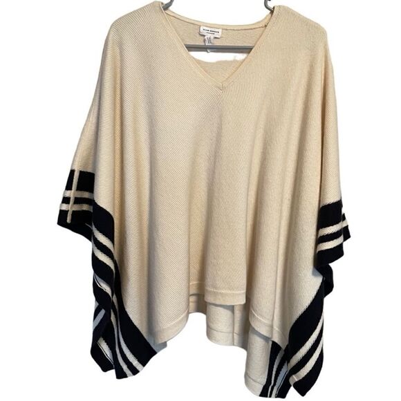 Club Monaco- Women’s Cream and Navy Stripes Ribbed Lori Cashmere Poncho Cape, OS - Picture 2 of 11